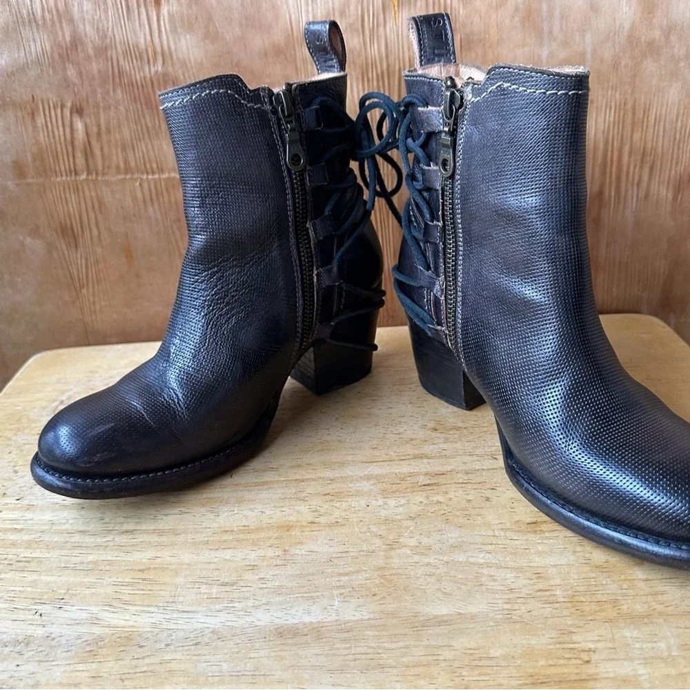Bed Stu Blaire Heeled Black Ankle Boot Side Zip Lace Up Detail Cobbler Series